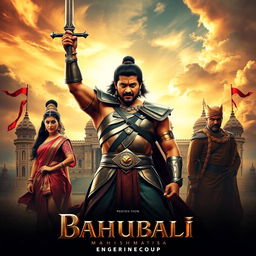 A stunning movie poster for the film 'Bahubali,' featuring the iconic characters in an epic setting