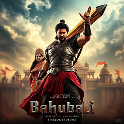 A stunning movie poster for the film 'Bahubali,' featuring the iconic characters in an epic setting