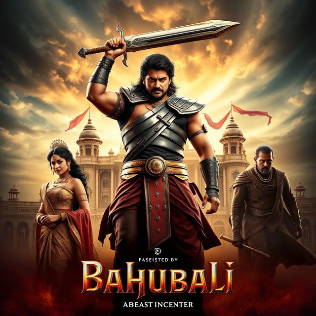 A stunning movie poster for the film 'Bahubali,' featuring the iconic characters in an epic setting