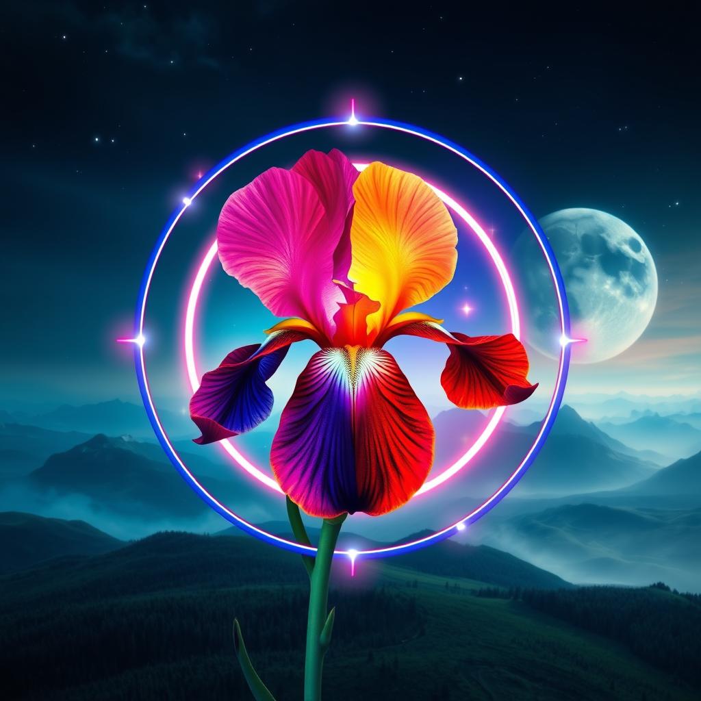 A captivating book cover for a paranormal science fantasy young adult novel, prominently featuring a flower iris enclosed within a circle, symbolizing a key organization in the story