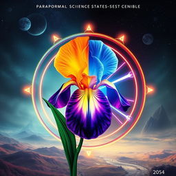 A captivating book cover for a paranormal science fantasy young adult novel, prominently featuring a flower iris enclosed within a circle, symbolizing a key organization in the story