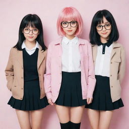 Three anime best friends. One boy with pink hair and circular glasses, wearing a white shirt and a brown coat. A girl with black hair dressed in a short black skirt. Finally, a girl with dual-toned black and white hair, wearing a black shirt.