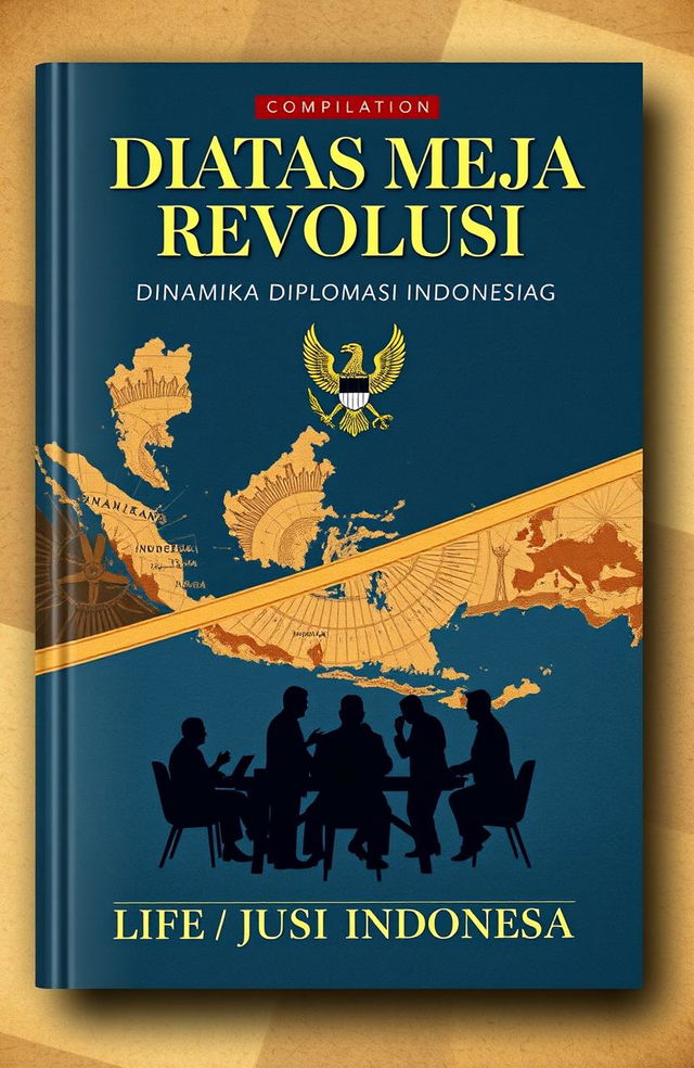 A book cover design for a compilation titled 'DIATAS MEJA REVOLUSI: DINAMIKA DIPLOMASI INDONESIA'