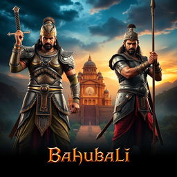 An epic poster featuring both Amrendra Bahubali and Mahendra Bahubali in a single frame, showcasing their formidable presence as iconic warriors of the Mahishmati kingdom