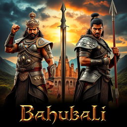 An epic poster featuring both Amrendra Bahubali and Mahendra Bahubali in a single frame, showcasing their formidable presence as iconic warriors of the Mahishmati kingdom