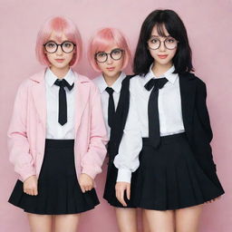 Three anime best friends. One boy with pink hair and circular glasses, wearing a white shirt and a brown coat. A girl with black hair dressed in a short black skirt. Finally, a girl with dual-toned black and white hair, wearing a black shirt.