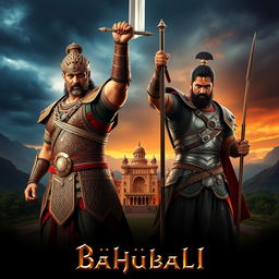 An epic poster featuring both Amrendra Bahubali and Mahendra Bahubali in a single frame, showcasing their formidable presence as iconic warriors of the Mahishmati kingdom