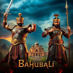 An epic poster featuring both Amrendra Bahubali and Mahendra Bahubali in a single frame, showcasing their formidable presence as iconic warriors of the Mahishmati kingdom