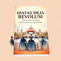 A book cover design for a compilation titled 'DIATAS MEJA REVOLUSI: DINAMIKA DIPLOMASI INDONESIA'