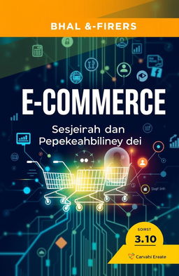 A visually striking book cover design featuring the title 'E-Commerce (Sejarah dan Perkembangannya di Era Society 5