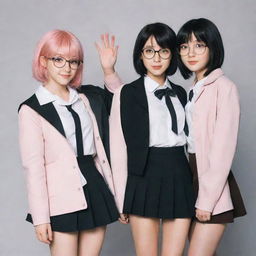 Three anime best friends. One boy with pink hair and circular glasses, wearing a white shirt and a brown coat. A girl with black hair dressed in a short black skirt. Finally, a girl with dual-toned black and white hair, wearing a black shirt.