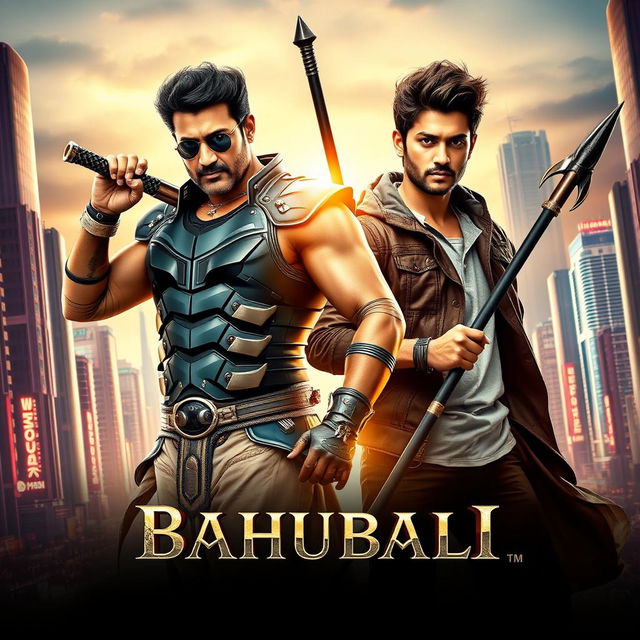 A striking modern-era poster depicting both Amrendra Bahubali and Mahendra Bahubali in a single frame, reimagined in contemporary attire while retaining their heroic essence