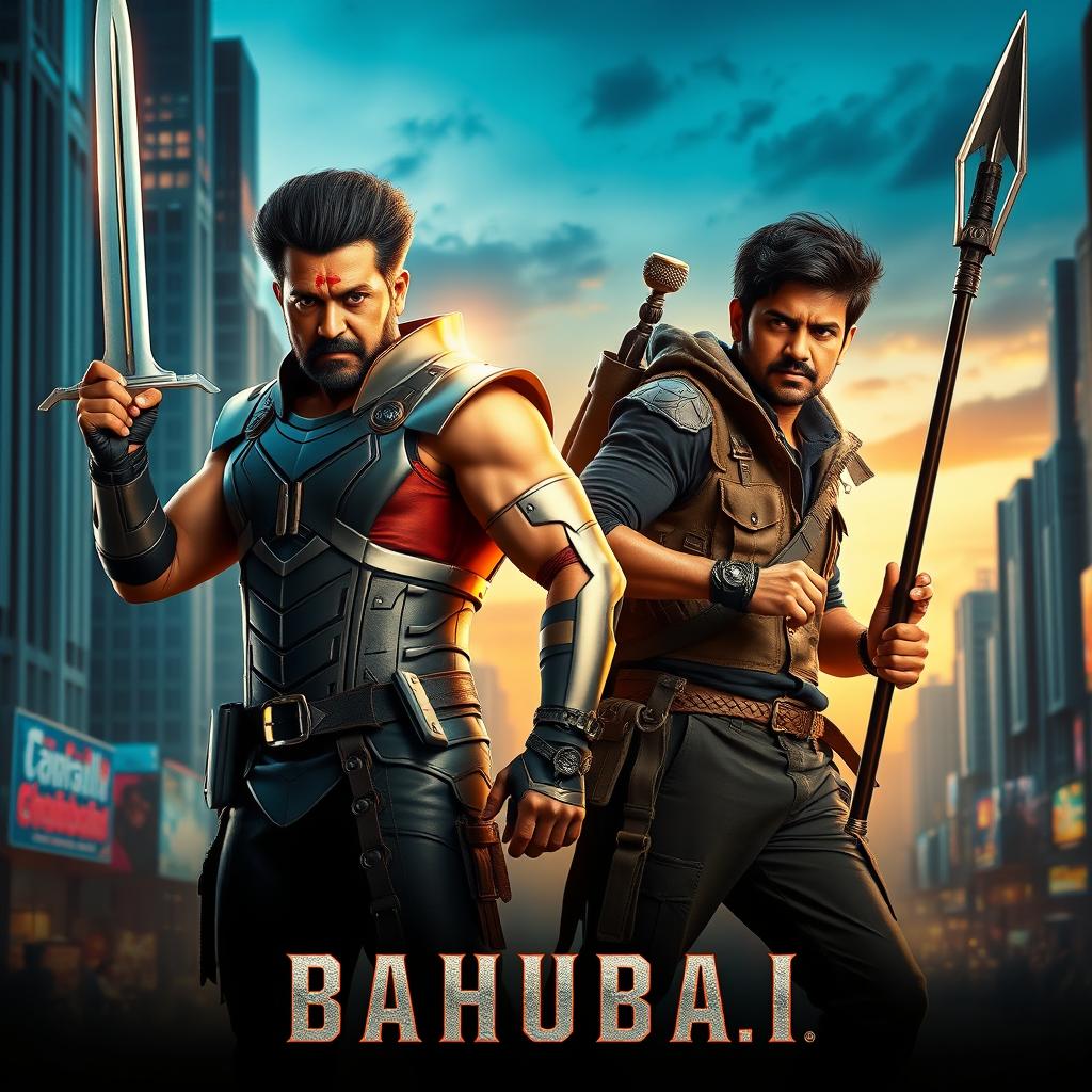 A striking modern-era poster depicting both Amrendra Bahubali and Mahendra Bahubali in a single frame, reimagined in contemporary attire while retaining their heroic essence