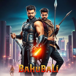 A striking modern-era poster depicting both Amrendra Bahubali and Mahendra Bahubali in a single frame, reimagined in contemporary attire while retaining their heroic essence