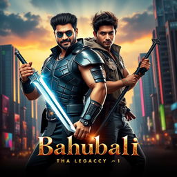 A striking modern-era poster depicting both Amrendra Bahubali and Mahendra Bahubali in a single frame, reimagined in contemporary attire while retaining their heroic essence