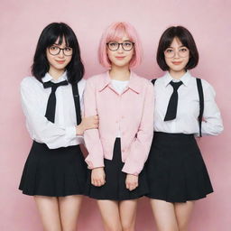 Three anime best friends. One boy with pink hair and circular glasses, wearing a white shirt and a brown coat. A girl with black hair dressed in a short black skirt. Finally, a girl with dual-toned black and white hair, wearing a black shirt.