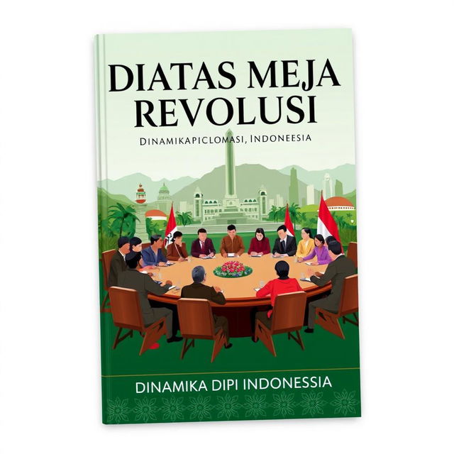 A captivating book cover design for a compilation titled 'DIATAS MEJA REVOLUSI: DINAMIKA DIPLOMASI INDONESIA'