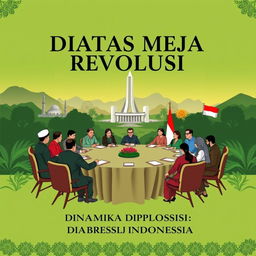 A captivating book cover design for a compilation titled 'DIATAS MEJA REVOLUSI: DINAMIKA DIPLOMASI INDONESIA'