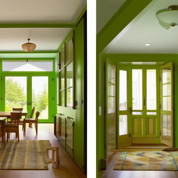 A spacious, inviting living room and dining room combination with vibrant green doors and windows along with wood cabinets and closets that radiate warmth and homeliness.