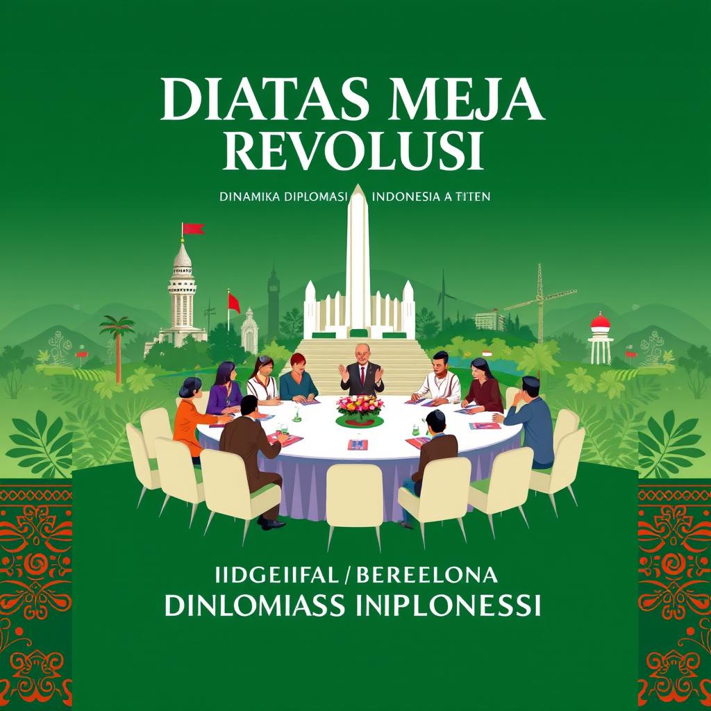 A captivating book cover design for a compilation titled 'DIATAS MEJA REVOLUSI: DINAMIKA DIPLOMASI INDONESIA'