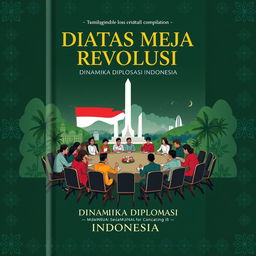 A captivating book cover design for a compilation titled 'DIATAS MEJA REVOLUSI: DINAMIKA DIPLOMASI INDONESIA'