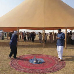 A 'Traditional Games Carnival' housed in Arab tents, each tent hosting games like Al-Ma'thar, Hulayyilah, and Sijjada. Visitors of all ages are engaging in friendly competitions, rekindling the joy and camaraderie of traditional games.