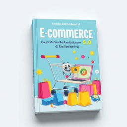 A fun and engaging book cover design for the title 'E-commerce (Sejarah dan Perkembangannya di Era Society 5