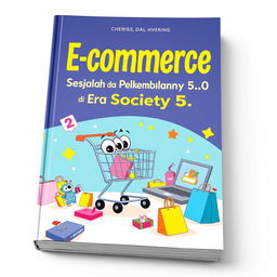 A fun and engaging book cover design for the title 'E-commerce (Sejarah dan Perkembangannya di Era Society 5