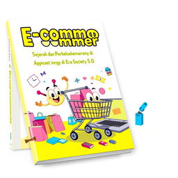 A fun and engaging book cover design for the title 'E-commerce (Sejarah dan Perkembangannya di Era Society 5