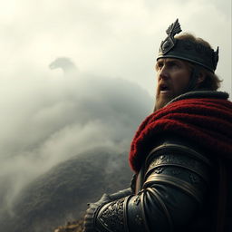 A 13th century prince dressed in ornate medieval armor, looking in horror at a foggy hill