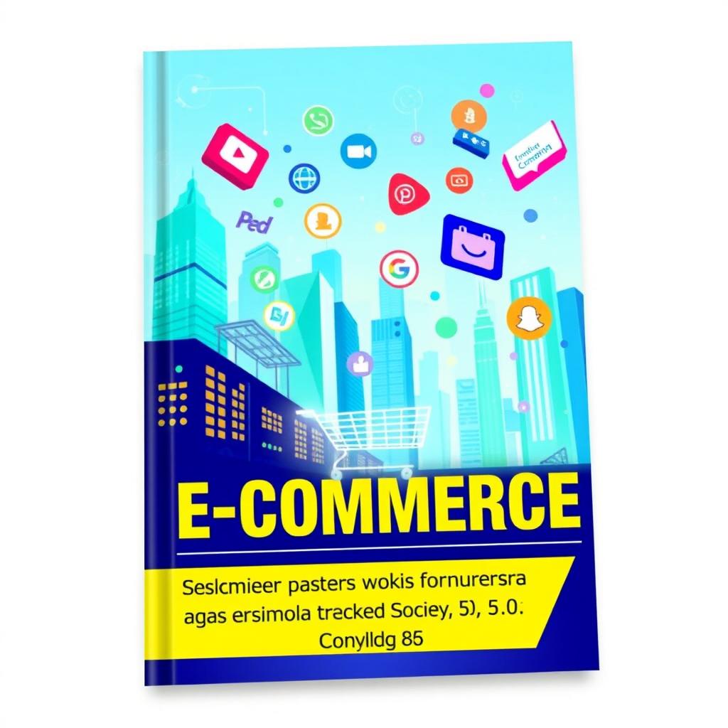 An eye-catching book cover design for 'E-Commerce (Sejarah dan Perkembangannya di Era Society 5