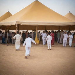 A 'Traditional Games Carnival' housed in Arab tents, each tent hosting games like Al-Ma'thar, Hulayyilah, and Sijjada. Visitors of all ages are engaging in friendly competitions, rekindling the joy and camaraderie of traditional games.