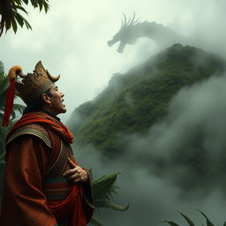 A 13th century Southeast Asian prince, adorned in traditional royal attire featuring intricate patterns and vibrant colors, stares in horror at a foggy hill