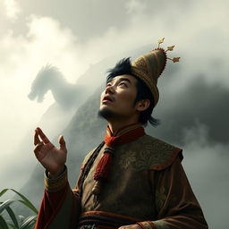 A 13th century Southeast Asian prince, adorned in traditional royal attire featuring intricate patterns and vibrant colors, stares in horror at a foggy hill