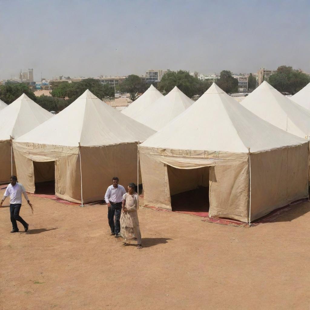 A 'Traditional Games Carnival' housed in Arab tents, each tent hosting games like Al-Ma'thar, Hulayyilah, and Sijjada. Visitors of all ages are engaging in friendly competitions, rekindling the joy and camaraderie of traditional games.