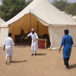 A 'Traditional Games Carnival' housed in Arab tents, each tent hosting games like Al-Ma'thar, Hulayyilah, and Sijjada. Visitors of all ages are engaging in friendly competitions, rekindling the joy and camaraderie of traditional games.