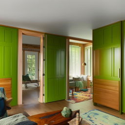 A spacious, inviting living room and dining room combination with vibrant green doors and windows along with wood cabinets and closets that radiate warmth and homeliness.