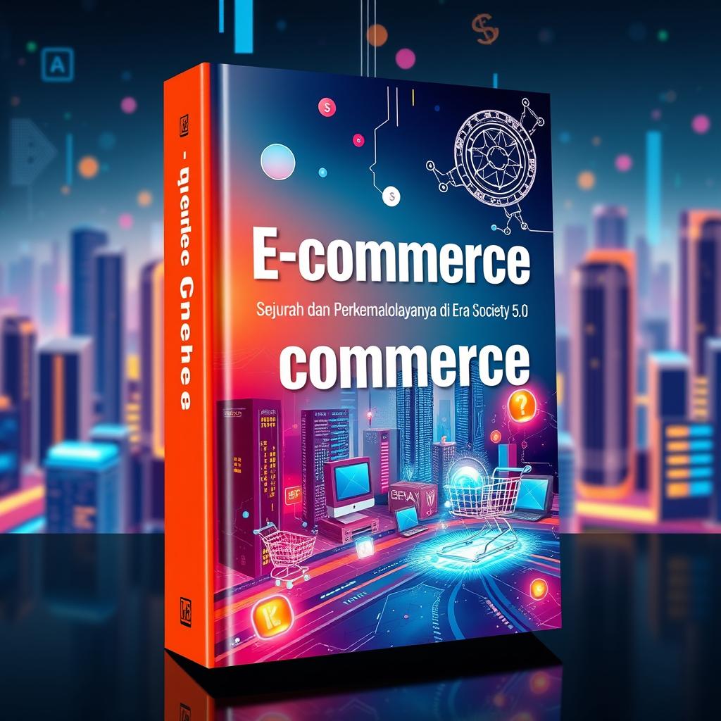 A captivating book cover design for 'E-commerce: Sejarah dan Perkembangannya di Era Society 5