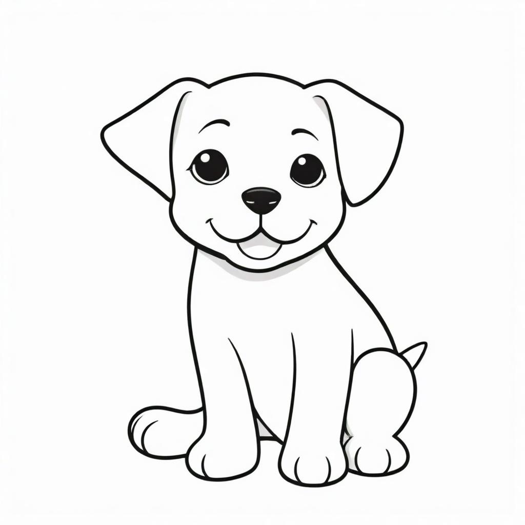 A cute, two dimensional black and white outline of a playful puppy suitable for a colouring page.