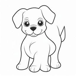 A cute, two dimensional black and white outline of a playful puppy suitable for a colouring page.