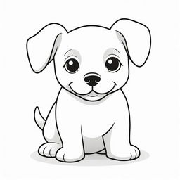 A cute, two dimensional black and white outline of a playful puppy suitable for a colouring page.