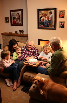 A heartwarming scene at a cozy family gathering, with grandparents sitting on a comfortable couch surrounded by their grandchildren