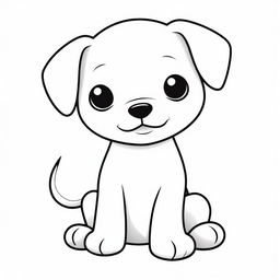 A cute, two dimensional black and white outline of a playful puppy suitable for a colouring page.