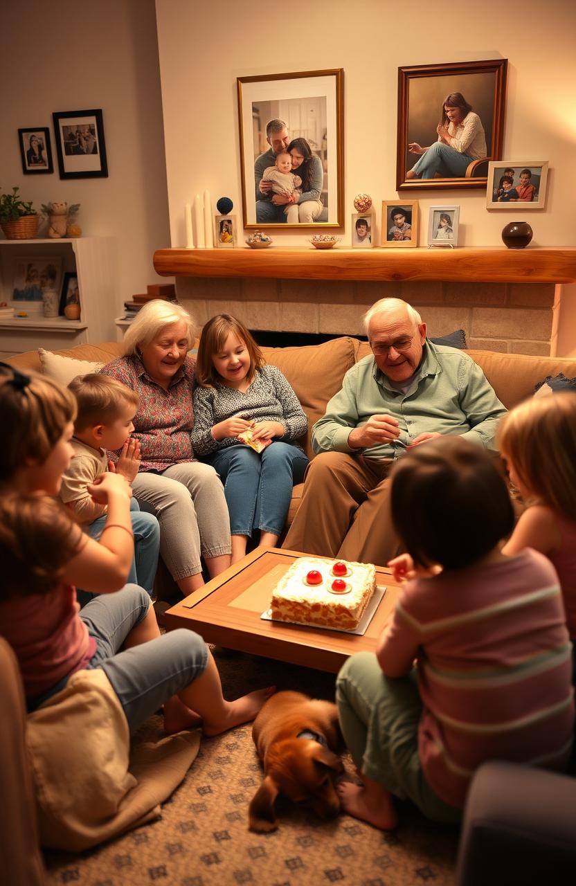 A heartwarming scene at a cozy family gathering, with grandparents sitting on a comfortable couch surrounded by their grandchildren