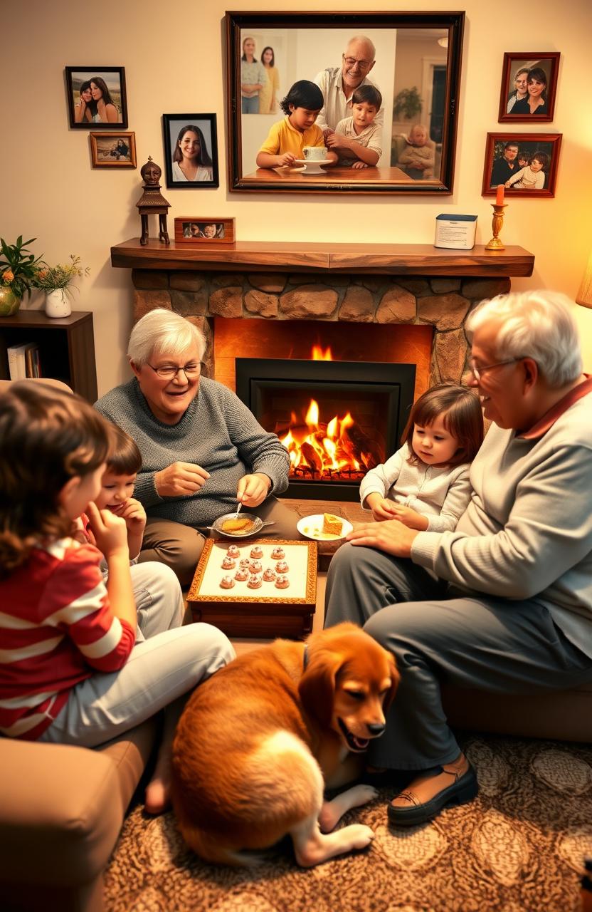 A heartwarming scene at a cozy family gathering, with grandparents sitting on a comfortable couch surrounded by their grandchildren