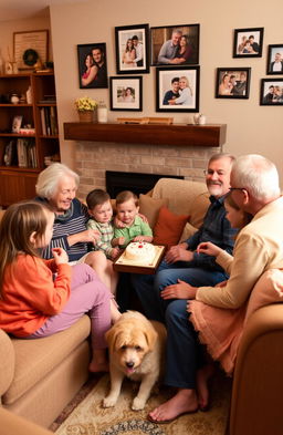 A heartwarming scene at a cozy family gathering, with grandparents sitting on a comfortable couch surrounded by their grandchildren