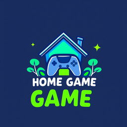 A vibrant and modern logo design for a home game, featuring a stylized house integrated with gaming elements such as a game controller or joystick