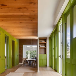 A spacious, inviting living room and dining room combination with vibrant green doors and windows along with wood cabinets and closets that radiate warmth and homeliness.