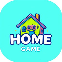 A vibrant and modern logo design for a home game, featuring a stylized house integrated with gaming elements such as a game controller or joystick