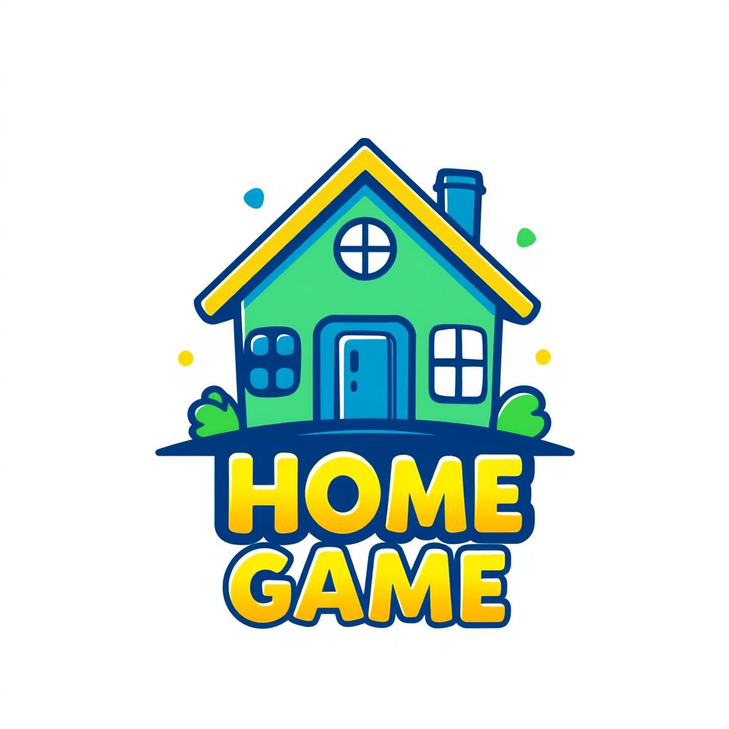 A vibrant and modern logo design for a home game, featuring a stylized house integrated with gaming elements such as a game controller or joystick